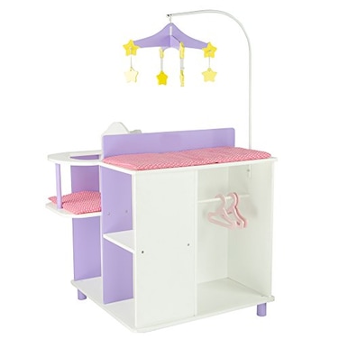 Olivias Little World Little Princess Baby Doll TwoSided Wooden Baby Doll Changing Station with Storage Shelves Closet Highchair Changing Table and Sink White with Purple and Pink Accents