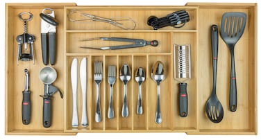 KitchenEdge Premium Silverware Flatware and Utensil Organizer for Kitchen Drawers Expandable to 33 Inches Wide 11 Compartments 100 Bamboo