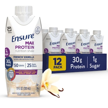 Ensure Max Protein Shake  French Vanilla  Meal Supplement Shake  Ready to Drink  30g Protein for Muscle Building  1g Sugar 4g Fiber  11 fl oz  12 Pack