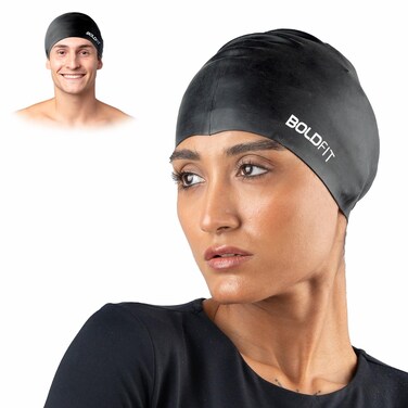 Boldfit Swimming Cap for Men Silicone Swimming Caps for Women Unisex Swim Cap for Boys Girls and Kids Swimming Cap for Women Long Hair Swimming Head Cap Men Silicone Fabric Easy Fit  Black