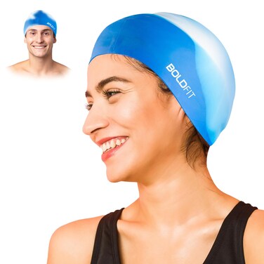 Boldfit Swimming Cap for Men Silicone Swimming Caps for Women Unisex Swimming Cap for Kids Boys  Girls Swimming Cap for Women Long Hair Swimming Head Cap Men Silicone Fabric Easy Fit  WhiteBlue