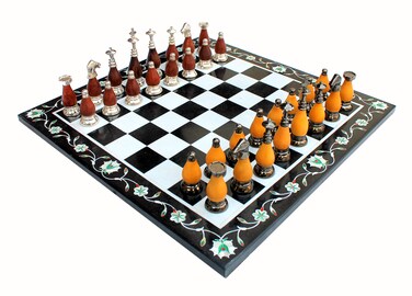 StonKraft Collectible White  Black Marble Chess Board Set  Wooden Brass Crafted Pieces  Pietra Dura Inlay Work  Decorative Stone Chess  Home Dcor  15 Inches