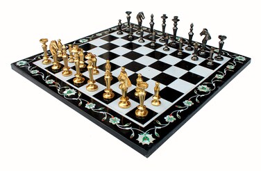 StonKraft Collectible White  Black Marble Chess Board Set  Brass Crafted Pieces  Pietra Dura Inlay Work  Decorative Stone Chess  Home Dcor  15 Inches
