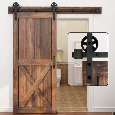 WINSOON 516FT Single Wood Sliding Barn Door Hardware Kit 5FT Basic Black Big Spoke Wheel Roller Garage Closet Carbon Steel Flat Track System 5FT