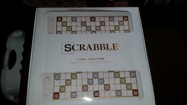 Scrabble Luxe Collectors Board Game  White and Gold Foil Game Board with White Wooden Cabinet