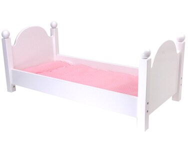Sophias Wooden Single Bed with Arched Panel Head and Footboards Plus Pink Polka Dot Bedding for 18 Dolls White