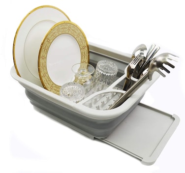 SAMMART Collapsible Dish Drainer with Drainer Board  Foldable Drying Rack Set  Portable Dinnerware Organizer  Space Saving Kitchen Storage Tray 1 Grey