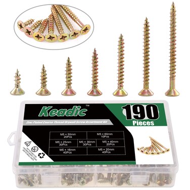 Keadic 190Pcs 10 58 to 212 Zinc Plated Bugle Head Coarse Thread Drywall Screw Assortment Kit Wood Self Tapping Screws for Drywall Sheetrock Drilling Boards and More 7 Sizes