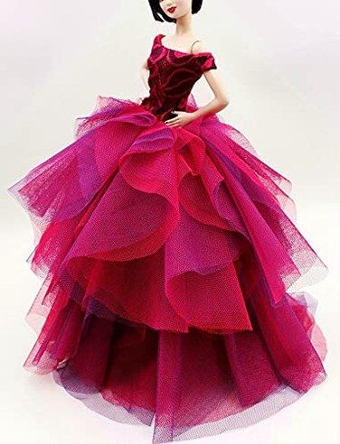 Handmade Dress Fit for 12 Doll Cora Gu Classic Off Shoulder Fuchsia Rose Lace DressWedding Gowns Fit for 12 Fashion Doll Dolls not Included