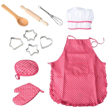 Funslane 11 Pcs Kids Cooking and Baking Set with Apron for Girls Chef Hat Oven Mitt and Other Cooking Utensils for Toddler Chef Career Role Play Children Dress up Pretend Play GreatGift