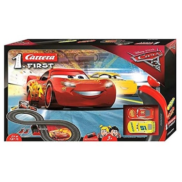 Carrera First DisneyPixar Cars 3  Slot Car Race Track  Includes 2 cars Lightning McQueen and Dinoco Cruz  BatteryPowered Beginner Racing Set for Kids Ages 3 Years and Up