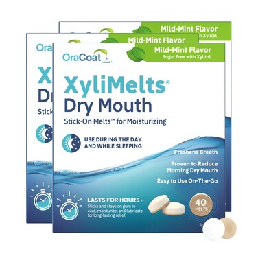 OraCoat XyliMelts Dry Mouth Relief Moisturizing Oral Adhering Discs 40 Count 3 Pack Mild Mint with Xylitol for Dry Mouth Stimulates Saliva