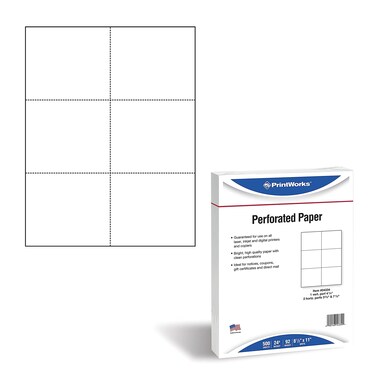 PrintWorks Professional Perforated Paper for Tickets Coupons Certificates and More 85 x 11 24 lb 3 Perfs  3 23 and 7 13 From Bottom  4 14 From Left 500 Sheets White 04334