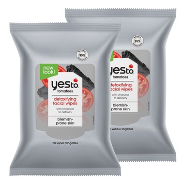 Yes To Face Wipes for Women and Men Charcoal Facial Cleansing Wipes for use as a Make Up Remover Cleaning Soothing Tomatoes Pack of 2