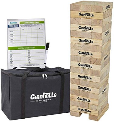 Giant Tumbling Timber Toy  Jumbo Wooden Blocks Floor Game for Kids and Adults 56 Pieces Premium Pine Wood Carry Bag Life Size  Grows to Over 5feet While Playing
