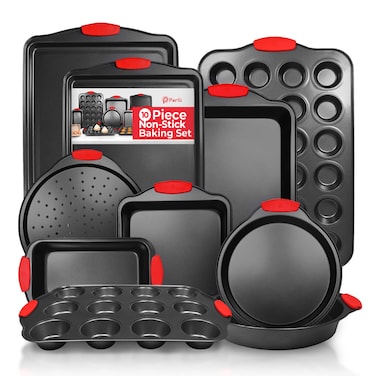 PERLLI NonStick 10Piece Baking Pan Set BPAFree Carbon Steel Bakeware Set with Silicone Handles Stackable Kitchen Oven Set Cookie Sheet Baking Tray Baking Sheet Set Oven Safe 446F