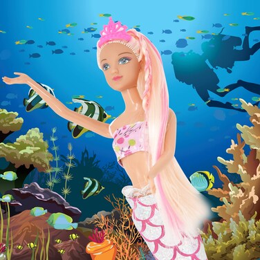 Mermaid Doll Mermaid Fairy Princess Fashion Doll with Hair Seahorse Toy and Crown