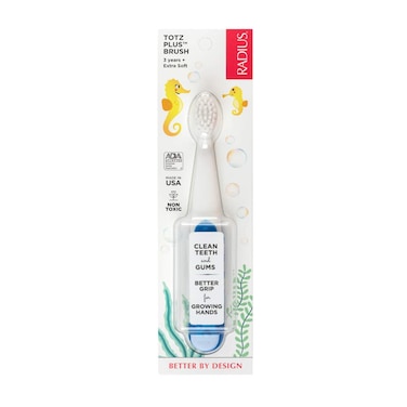 Radius Totz Plus Brush Kids Toothbrush Silky Soft BPA Free ADA Accepted Designed for Delicate Teeth  Gums for Children 3 Years  Up  WhiteBlue  Pack of 1