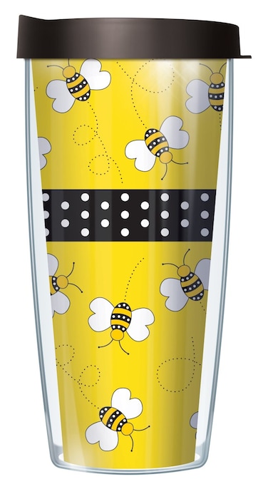 Signature Tumblers Playful Polka Dot Bees Wrap on Yellow 22 Ounce DoubleWalled Travel Tumbler Mug with Black Easy Sip Lid