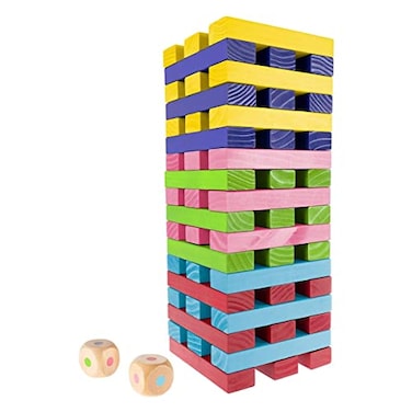 Hey Play Nontraditional Giant Wooden Blocks Tower Stacking Game with Dice Outdoor Yard Game for Adults Kids Boys and Girls Rainbow Color