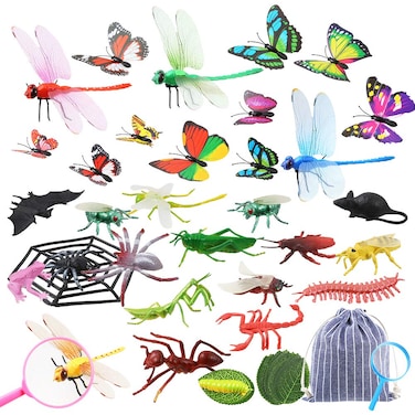 Auihiay 34 Pack Plastic Insect Figures Kit Includes Assorted Bugs Lifelike Butterfly Dragonfly Magnifying Glass and Leaves for Children Education Insect Themed Party