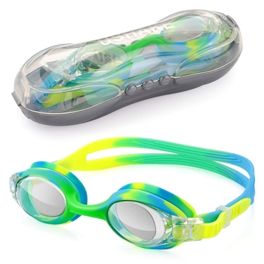 USHAKE Kid Swim Goggles AntiFog Lens and Hypoallergenic Silicone Gaskets Child Swimming Goggles for Kids and Early Teens Green Mix