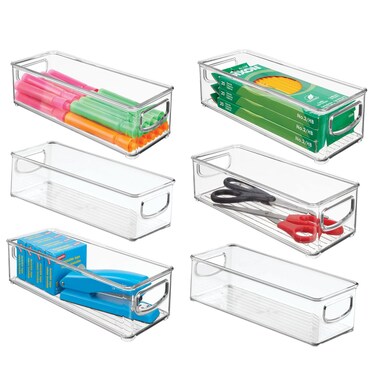 mDesign Small Plastic Office Storage Container Bins with Handles for Organization in Filing Cabinet Closet Shelf or Desk Drawers Organizer for Notes Pens Pencils Ligne Collection 6 Pack  Clear