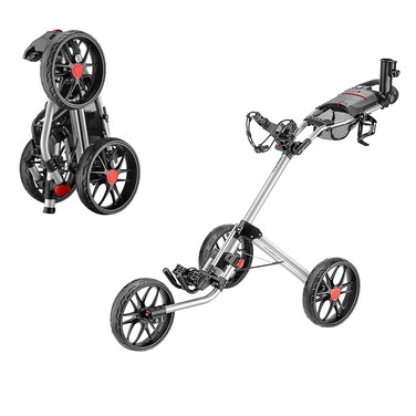 caddytek 3 Wheel Golf Push Cart  Deluxe QuadFold Compact Push  Pull Folding Caddy Trolley  Caddylite 153 V2 Silver