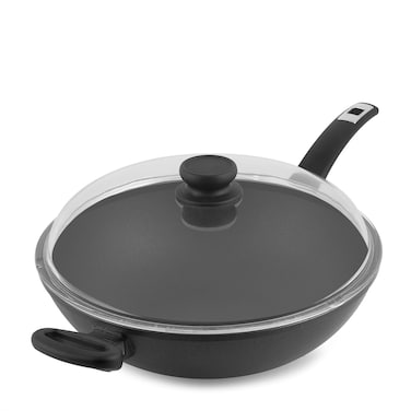 AROMA The Ultimate Wok Made in Germany Hand Cast Aluminum Wok with Glass Lid Nonstick Cookware Pan with Diamond Reinforced Coating 5Quart Black