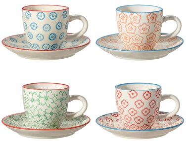 Bloomingville Emma Retro Expresso Espresso Cups with Saucer ThickWalled C Diameter 6 x Height 55 cm S Diameter 115 cm Blue Orange Green Red Ceramic Set of 4 Holds Approx 80 ml