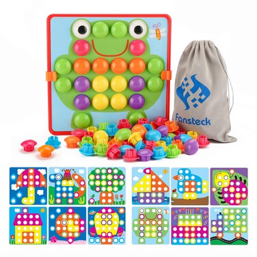 Fansteck Button Art Toy for Toddlers Color Matching Early Learning Educational Mosaic Pegboard Safe Nontoxic ABS Plastic Premium Material 12 Pictures and 46 Buttonswith a Bag Easy to Storage