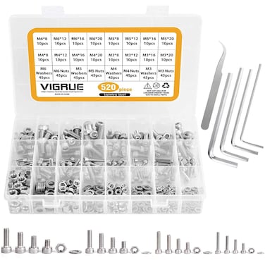 VIGRUE 304 Stainless Steel Screws and Nuts M3 M4 M5 M6 Hex Socket Head Cap Screws Assortment Set Kit with Storage Box 520 Pcs Hex Socket Head Cap Screws Nuts