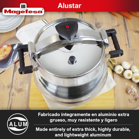 Magefesa Alustar 232 Quart Pressure Cooker recommended use for professionals made of extra thick aluminum express has a Thermodiffusion bottom 3 Security Systems
