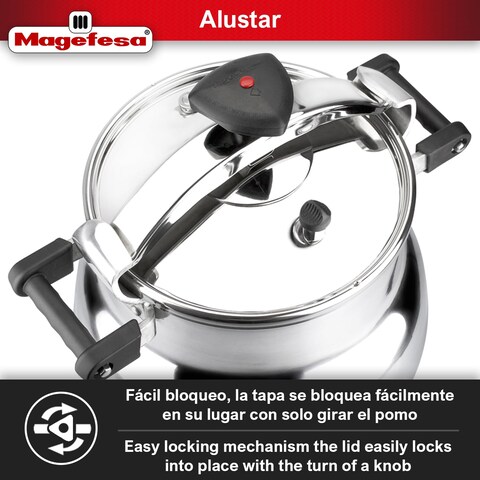 Magefesa Alustar 232 Quart Pressure Cooker recommended use for professionals made of extra thick aluminum express has a Thermodiffusion bottom 3 Security Systems