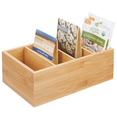 mDesign Bamboo Wood Compact Food Storage Organizer Bin Box  4 Divided Sections  Holder for Seasoning Packets Pouches Soups Spices Snacks  Natural