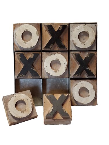 AT Industrial Wood and Tin TIC TAC Toe Table Top Game Decor