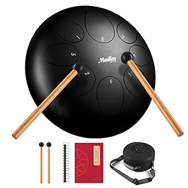 Moukey Tongue Drum Steel Drum 8 Notes  Worry Free Drum 10 Inches Portable Handpan C Major Steel Tongue Drum Calm Drum with Drumsticks Stylish Travel Bag Tone Sticker and Music Book Black