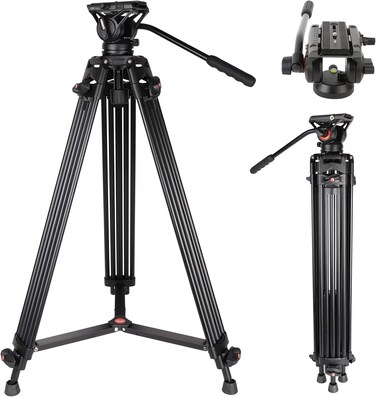 Video Tripod COMAN 74 Professional Heavy Duty Camera Tripods with Quick Release Plate and 360 Fluid Head Tall Travel Tripod Stand for DSLR Camcorder Aluminum Twin Tube Leg Max Load176lbs8Kg