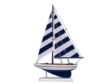 Hampton Nautical Wooden Blue Striped Pacific Sailer Model Sailboat Decoration 17