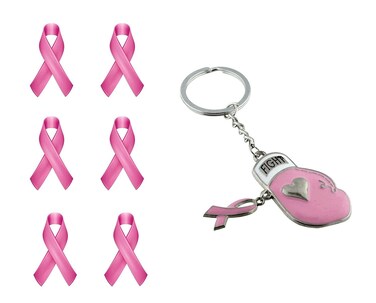 Large Pink Ribbon Stickers 50 Pack w Pink Ribbon Keychain