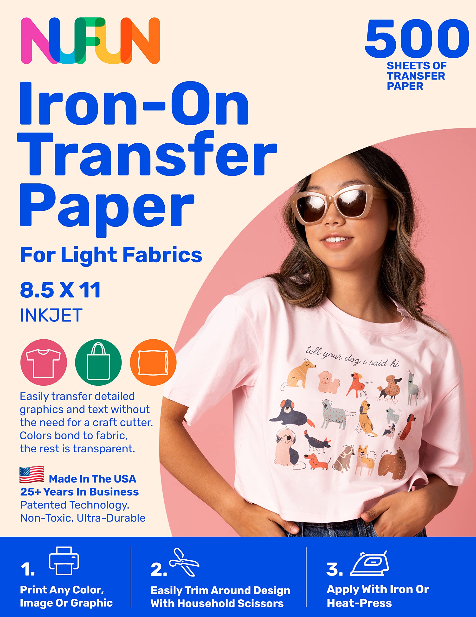 Nufun Activities Nufun Activities Printable Ironon Heat Transfer Paper For T Shirts Light Fabrics 85x11inch 500 SHEETS