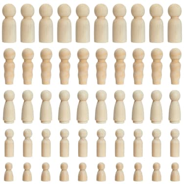 Juvale Set of 50 Unfinished Wood Peg Dolls Family Wooden People for Crafts Dollhouse Figures 5 Sizes
