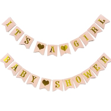 AllHeartDesires Set of 2 Pastel Baby Pink Gold Foiled Letter Sign Baby Shower  Its A Girl Bunting Banner First 1st Birthday Party Garland Photo Booth Props Decoration