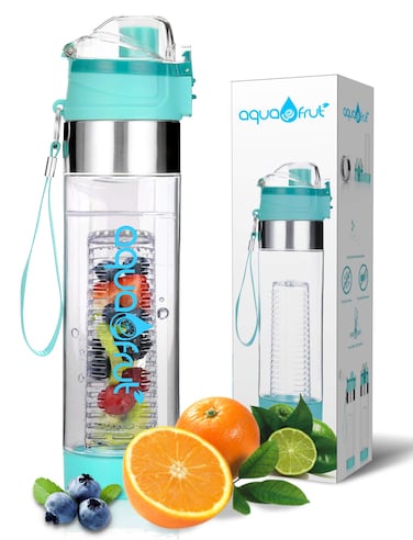 NEW Improved Unique Bottom Loading Fruit Infuser Water Bottle Complete Bundle Includes Bottle Brush Insulating Sleeve  Infusion Recipe eBook Leak Proof Sweat Proof BPAFree Teal