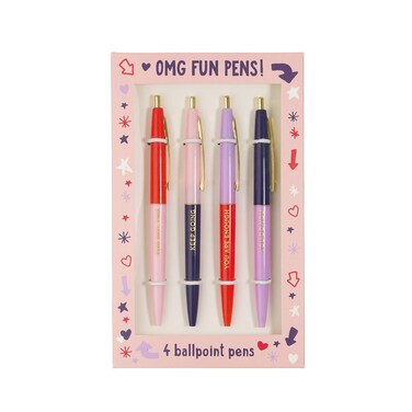 WORLD TRAVELER Free Period Press OMG Fun Pens Set Of 4 Clicker Ballpoint Pens With Inspiring Quotes In Gift Box
