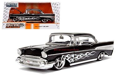 JADA 1 24 WB  Metals  Bigtime Kustoms  1957 Chevrolet Bel Air Black with White Flame Design Diecast Vehicles