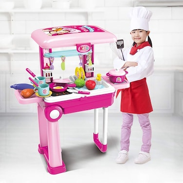 JOYSAE 2in1 Travel Suitcase and Kitchen Set for Kids Pretended Play Kitchen Toy Set with 25 Accessories includes Toy Pots Pans Dishes Utensils and Fake Foods Best Gift for Boys  Girls
