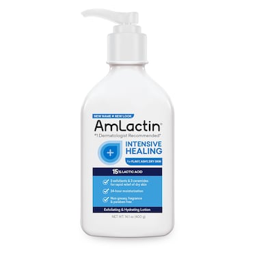 AmLactin Intensive Healing Body Lotion for Dry Skin  141 oz Pump Bottle  2in1 Exfoliator  Moisturizer with Ceramides  15 Lactic Acid for Relief from Dry Skin Packaging May Vary