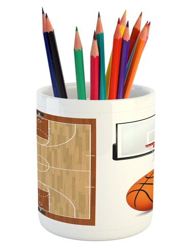 Lunarable Sports Pencil Pen Holder Basketball Court Backboard Illustration Realistic Sports Themed Ceramic Pencil Holder for Desk Office Accessory 36 X 32 Brown Orange