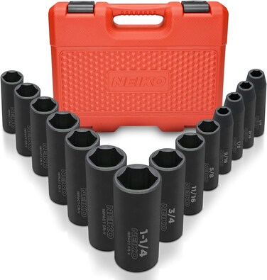 NEIKO 02476A 12 Impact Socket Set 14 Piece 6 Point Impact Set Standard Impact Socket Set SAE Sizes 38Inch to 1114 CrV Steel Deep Socket Set 12 Drive
